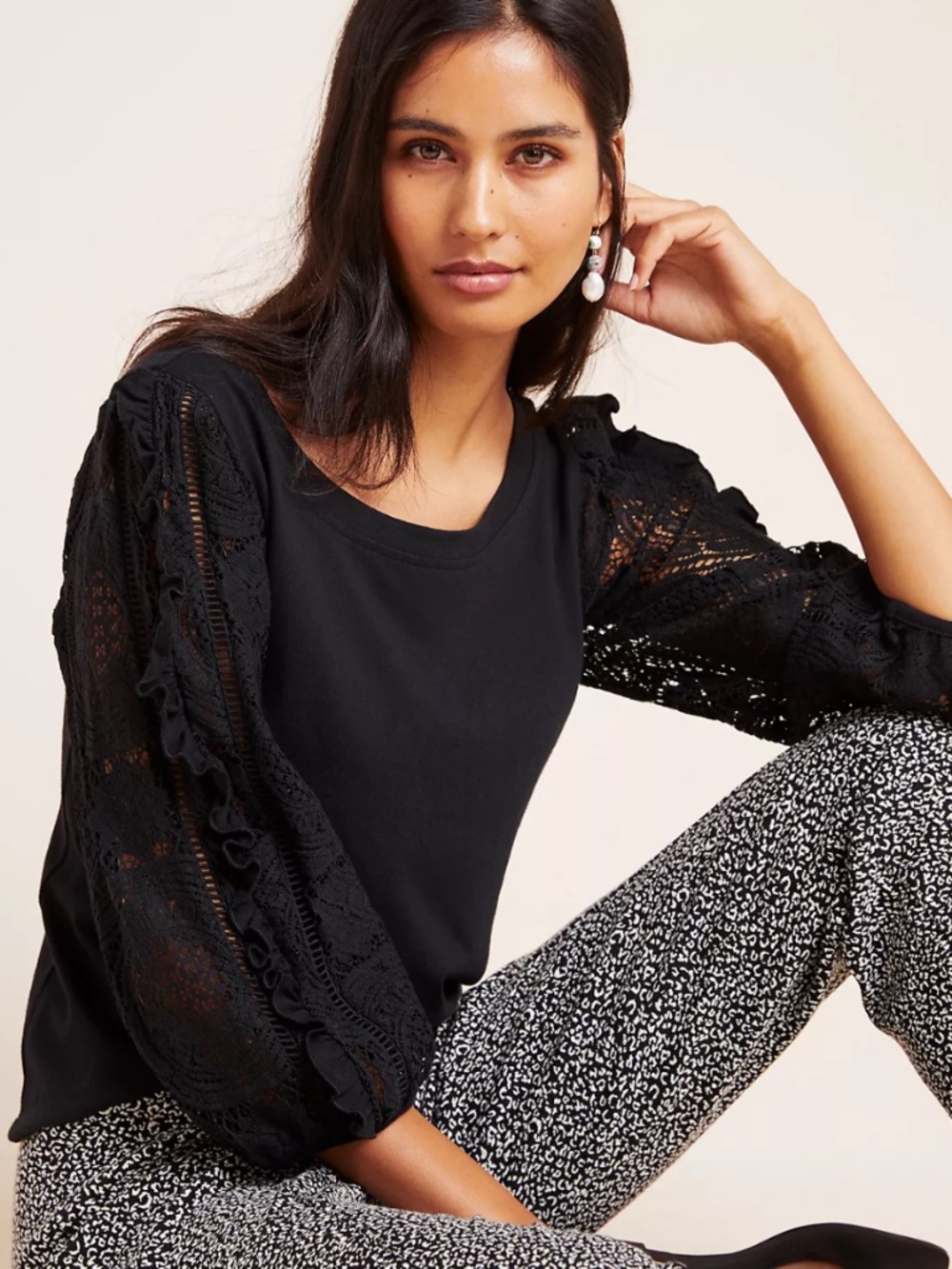 Anthropologie Nina Lace Top Size Small Sheer Crochet Sleeve Black Blouse Cotton